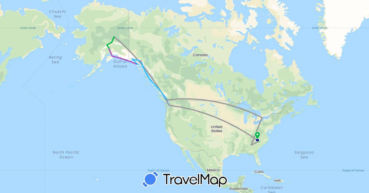 TravelMap itinerary: driving, bus, plane, train, hiking, boat in Canada, United States (North America)